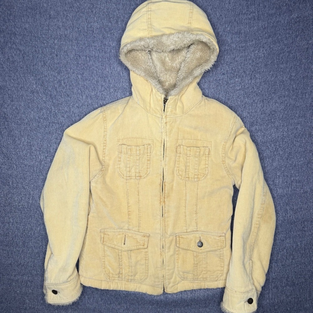 BKE Outerwear Womens Corduroy Sherpa Lined Hooded Jacket Yellow Size S Read